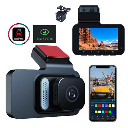 Caméra de voiture WiFi 1080P – Double objectif avec écran IPS 3", vision nocturne et mode stationnement 24h